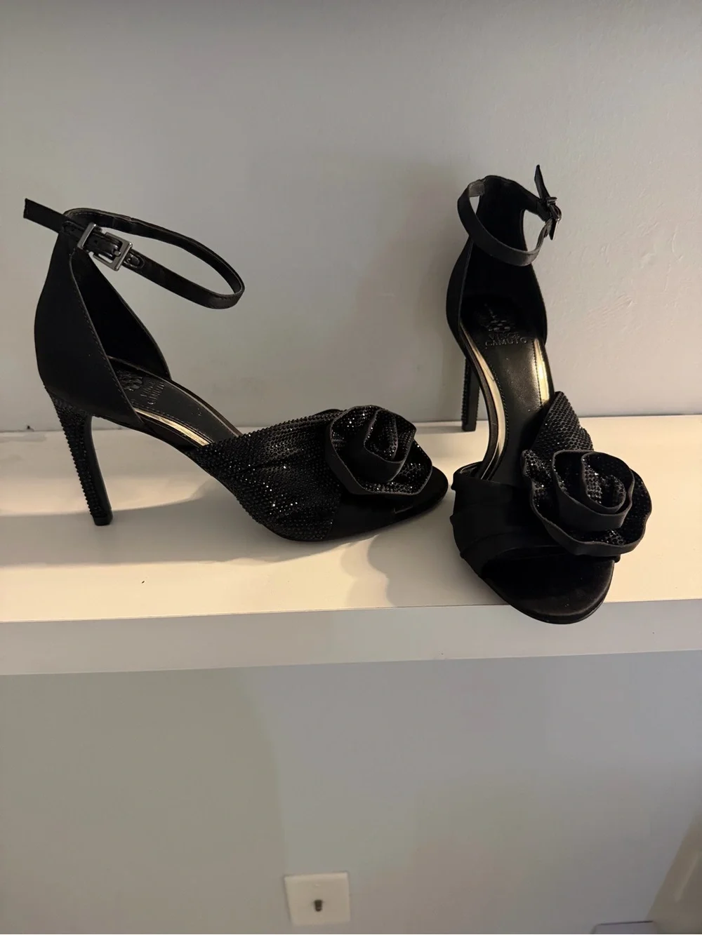 Vince Camuto Black Satin Adalinea  Rhinestone Floral Evening Sandal NWT 7.5